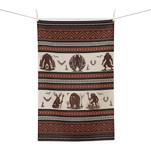 Cryptid Tea Towel | Mothman Bigfoot & Frogman Kitchen Towel | Gothic Cottagecore Decor | Vintage Fair Isle Folklore Gift