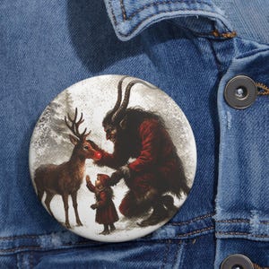 Krampus with Rudolph and Child Pin Button | Vintage Christmas | Cryptid Reindeer Holiday Pin