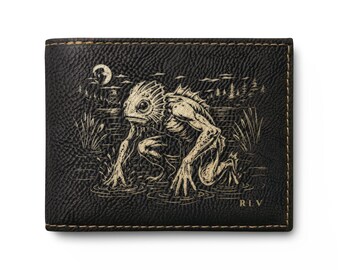 Cryptid Swamp Monster Leather Wallet | Frogman Lizard Man Wallet | Black Lagoon Creature | Engraved RFID Bifold | Personalized Folklore Gift