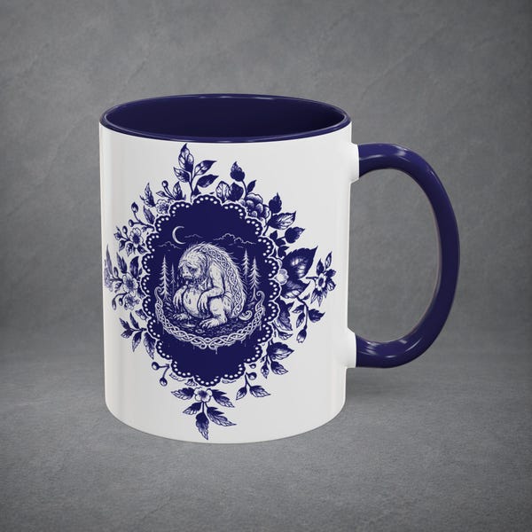 Squonk Mug | Blue Delft Cryptid Coffee Cup | Floral Folklore Mug | Pennsylvania Cryptid Gift | Blue and White Decor