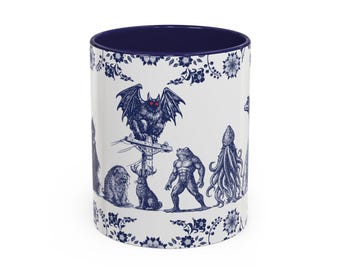 Cryptid Coffee Mug | Bigfoot Mothman Nessie Frogman Cup | Blue Delft Style Folklore Mug | Appalachian Cryptid Gift | Hand Drawn