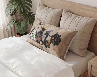 Taie d'oreiller lombaire Halloween Cryptide | Coussin Halloween 91 x 51 cm | Mothman, Nessie, Jackalope, Baba Yaga | Décoration nostalgique années 90 pour Halloween