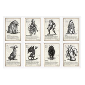 May include: A collection of eight rectangular cards featuring black and white ink illustrations of mythical creatures including the Squonk, Akkorokamui, Loveland Frogman, Selkie, Jackalope, Jersey Devil, Kelpie, and Yeti, each with descriptive text.