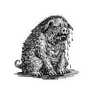 May include: Black and white illustration of a creature with a pig-like snout and a shaggy, textured body. The creature is seated, with water droplets cascading from its face and body. The artwork has a detailed, slightly grotesque style.