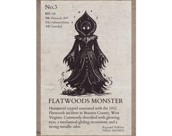 Flatwoods Monster Poster | Hand Drawn Cryptid Braxie | Field Archive Print | Folklore Wall Art | Cryptozoology | Matte Museum Style Poster