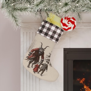 Krampus with Boy & Girl Child - Christmas Stocking, Holiday Stocking, Vintage Decor, Dark Christmas Decoration