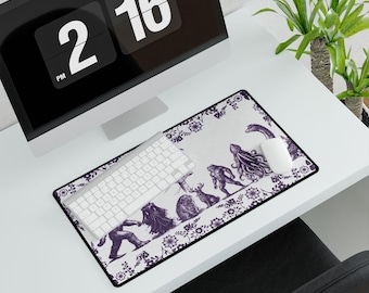 Dark Purple Cryptid Desk Mat | Plum Bigfoot Sasquatch Mothman Mouse Pad | Folklore Desk Decor | Hand Drawn Unique Office Play Mat