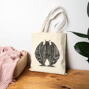 Mothman Canvas Tote Bag | Cryptid Folk Art Illustration | Appalachian Myth Creature | Black and Cream Tote | West Virginia Lore