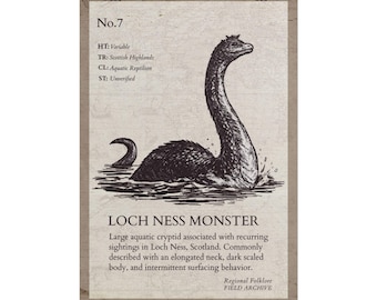 Loch Ness Monster Poster | Hand Drawn Cryptid Field Archive Print | Folklore Wall Art | Cryptozoology Illustration | Museum Style Poster