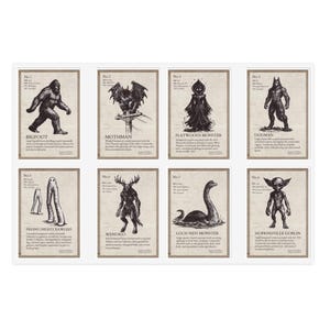 May include: Eight illustrated cards showcasing cryptids such as Bigfoot, Mothman, and the Loch Ness Monster. Each card displays a detailed drawing and the creature's name. The cards are arranged in a grid format.