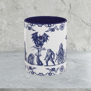 Cryptid Coffee Mug | Bigfoot Mothman Nessie Frogman Cup | Blue Delft Style Folklore Mug | Appalachian Cryptid Gift | Hand Drawn