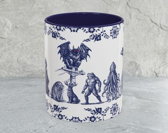 Cryptid Coffee Mug | Bigfoot Mothman Nessie Frogman Cup | Blue Delft Style Folklore Mug | Appalachian Cryptid Gift | Hand Drawn