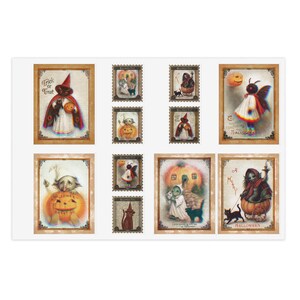 Może przedstawiać: Kolekcja prostokątnych naklejek z ilustracjami Halloween w stylu vintage. Wzory przedstawiają postacie w kostiumach, dynie, czarne koty oraz napisy takie jak Trick or Treat i A Merry Halloween, umieszczone w ozdobnych ramkach.