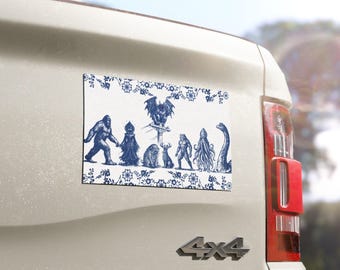 Delft Cryptid Car Magnet | Mothman Bigfoot Jackalope Frogman Sea Monster Flatwoods Braxie Nessie Squonk | Blue Folklore Art Magnet