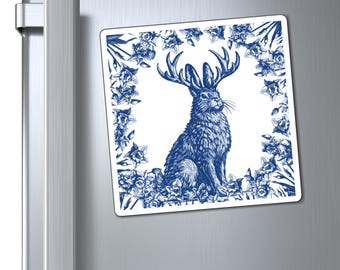Aimant Jackalope | Aimant Cryptide Bleu de Delft | Aimant de Réfrigérateur Lapin à Bois | Cadeau Folklore | Décoration de Cuisine Cryptide | Cadeau Jackalope
