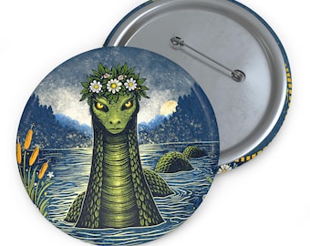 Floral Loch Ness Monster Pin | Cute Nessie Button Badge | Cottagecore Cryptid Accessory | Scottish Lake Monster Gift | Hand Drawn Art