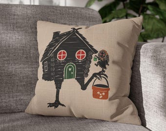 Housse de coussin Baba Yaga pour Halloween | Décoration Maison Cuisse de Poulet | Coussin Folklore Slave | Décoration Halloween Sorcière | Cadeau Folklore