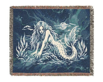 Creepy Mermaid Woven Blanket Tapestry | Gothic Siren Throw Blanket | Dark Fantasy Folk Art | Ocean Creature Home Decor | Mythical Sea Maiden