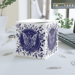 Mothman Note Cube | Blue Delft Cryptid Sticky Notes | Floral Desk Stationery | Cryptid Office Decor | Folklore Gift