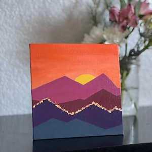 Mountains at Sunset, Glittery Mountains, original acrylic painting on flat canvas