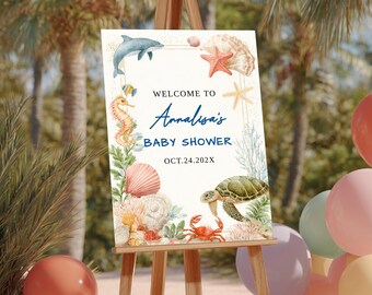 Bearbeitbar Unter dem Meer Baby Shower Zeichen Ozean-Babyparty-Willkommensschild Druckbares Ozeantier Meer Sie bald Baby Shower Theme Beach