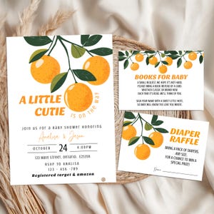 Little Cutie Baby Shower Invitation Bundle Template Editable Cutie Baby Shower Decor Orange Baby Shower Invite Cutie Invitation Bundle BS003