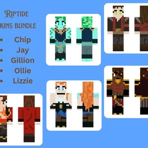 May include: A blue background with the text "Riptide Skins Bundle" and the names Chip, Jay, Gillion, Ollie, and Lizzie. The image also features pixelated character designs in various outfits and colors.