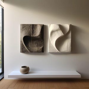 Ręcznie robiona drewniana rzeźba ścienna w stylu art déco: trójwymiarowy rzeźbiony panel Japandi