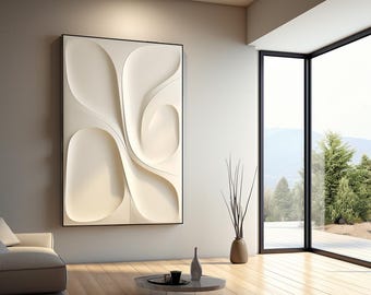 May include: A white, modern wall sculpture with a three-dimensional design of overlapping curves and circles. The sculpture is framed in black and hangs on a light gray wall in a contemporary living room.