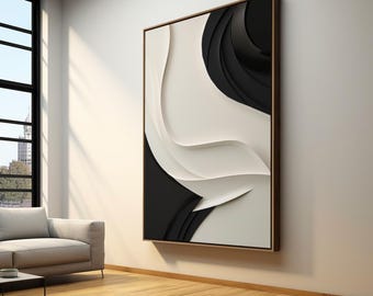 May include: Abstract black and white wall art with a modern design. The artwork features a series of curved lines and shapes, creating a dynamic and visually interesting composition.