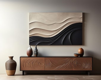 Puede incluir: Un armario de madera oscura con tres cajones que presentan un diseño de madera tallada. El armario está decorado con una obra de arte abstracta en blanco y negro encima y tres jarrones de cerámica en la parte superior.