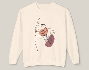 Abstraktes weibliches Porträt-Sweatshirt, leichter Unisex-Rundhalsausschnitt, künstlerischer Pullover, Porträt-Grafik-T-Shirt
