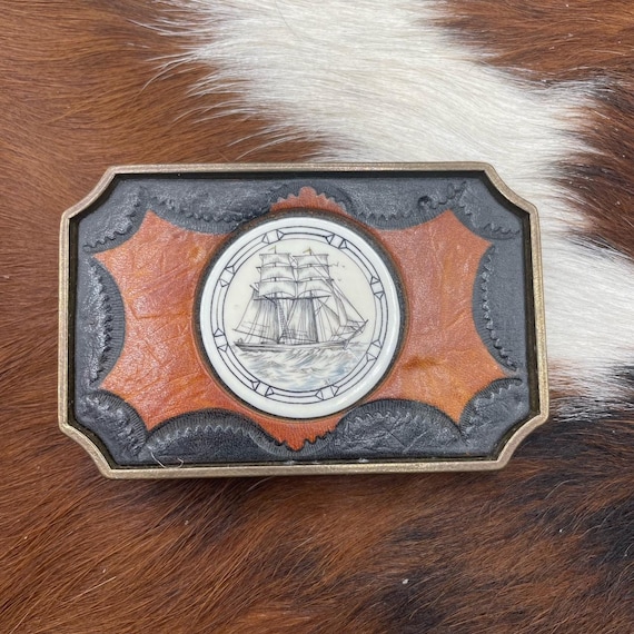 BTS belt buckle schooner scrimshaw and stamped lea