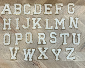 Chenille Letter Patch, 2.2" Self Adhesive and Iron On Varsity Letter - Gold Glitter Letter Trim | Embroidery Patch - White