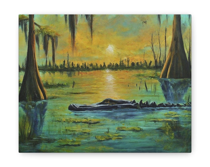 Southern Bayou Alligator Oil painting Print, Gallery Wrapped Canvas for Coastal Home or Office
