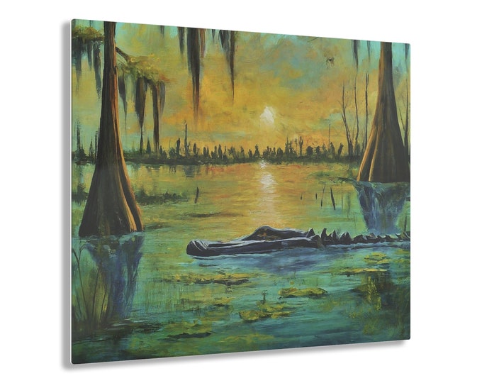 Southern Bayou Alligator Oil painting Print on Acrylic, Classic Coastal Décor
