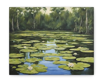 Blooming Lily Pad Pond: Painting Print - Nature's Serenity, Canvas Gallery Wrap