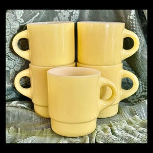 Fire-King Yellow Stacking Mugs Set Of 5, Mid-Century Anchor Hocking Milk Glass Coffee Cups, Retro Kitchen Decor