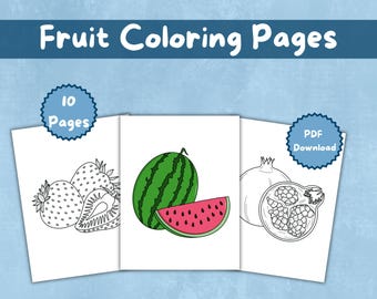 Dibujos para colorear de frutas imprimibles, láminas para colorear de alimentos para adultos y niños, páginas de actividades de descarga digital.