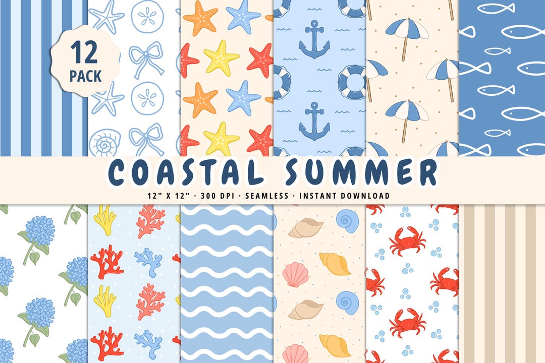 Coastal Summer Digital Paper Pack, Seamless Beach Patterns, Ocean ...