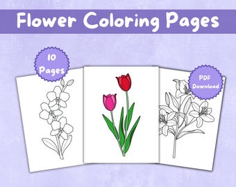 Dibujos para colorear de flores imprimibles, láminas de arte floral botánico para adultos y niños, paquete de descarga digital para colorear