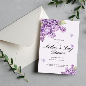 Tarjeta imprimible de invitación para la cena del Día de la Madre, invitación a una fiesta bohemia con flores, tarjeta de cena de ensayo con vegetación para mamá, tarjeta de invitación especial