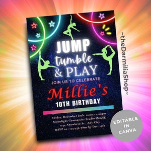 Jump Tumble & Play Gymnastics Birthday Party Invitation, Girls Rainbow Gymnastics Theme Birthday Invite, Editable Neon Glow Gymnast Template