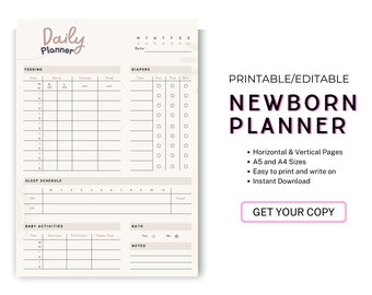 Daily Newborn Care Tracker Printable Newborn Care tracking Page Editable Baby Routine Sheet for busy moms Baby Shower gift Digital Download