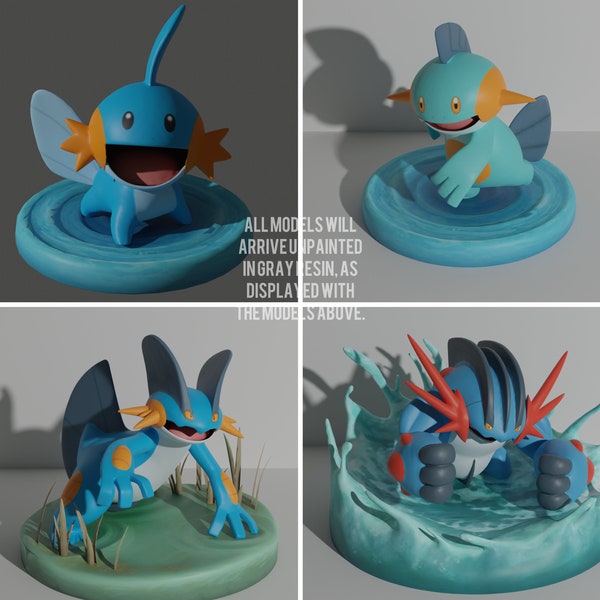 Swampert line with decorative bases - (GRAY RESIN) 3D Printed miniature figure - pokeminismania - 36mm/45mm/75mm