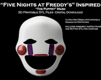 May include: A white 3D printed mask inspired by the "Five Nights at Freddy's" video game. The mask features a smiling mouth, two black eyes, and red and purple details. The mask is designed for FDM printers and includes assembly instructions and a button STL for a costume.