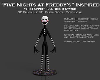 May include: A black and white 3D printed statue of "The Puppet" from the "Five Nights at Freddy's" video game series. The statue is 5 feet 11 inches tall and includes removable arms, legs, and head for easy storage. The statue is designed for FDM printers.