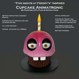 Puede incluir: Un animatrónico de cupcake rosa y marrón con ojos negros y dientes blancos. El cupcake tiene una vela amarilla y blanca en la parte superior. El animatrónico mide 35,6 cm de alto y es imprimible en 3D.