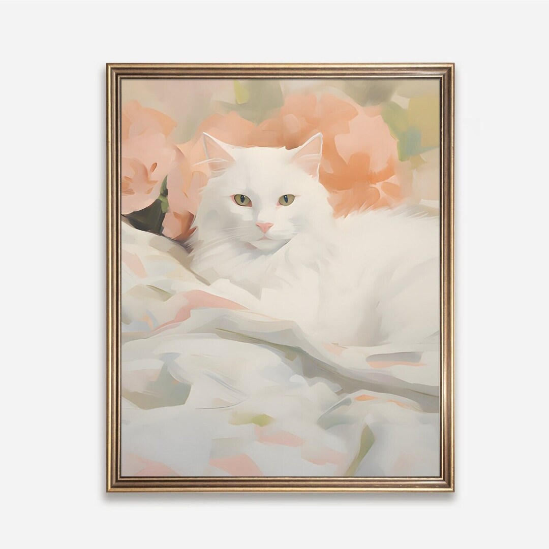 White Cat Wall Art Printable, Vintage Cat Watercolor Print, Pastel Cat ...