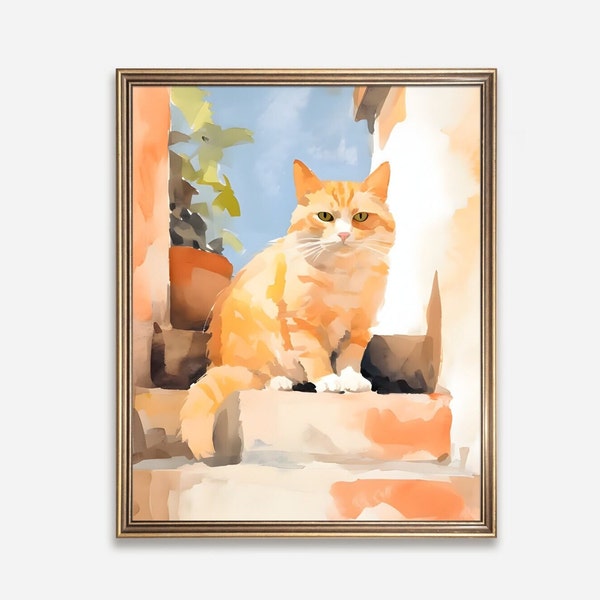 Orange Cat Painting, Chubby Cat Watercolor, Vintage Cat Art, Fat Cat Print, Country Cat Digital Download, Cute Cat Art Print, Cat Lover Gift